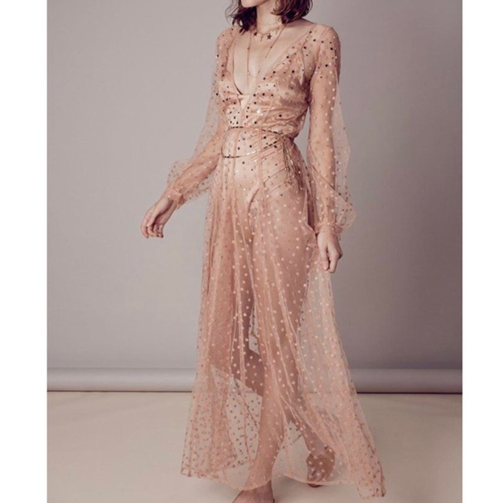 For Love and Lemons Maxi Dress - All that Glitters in almond